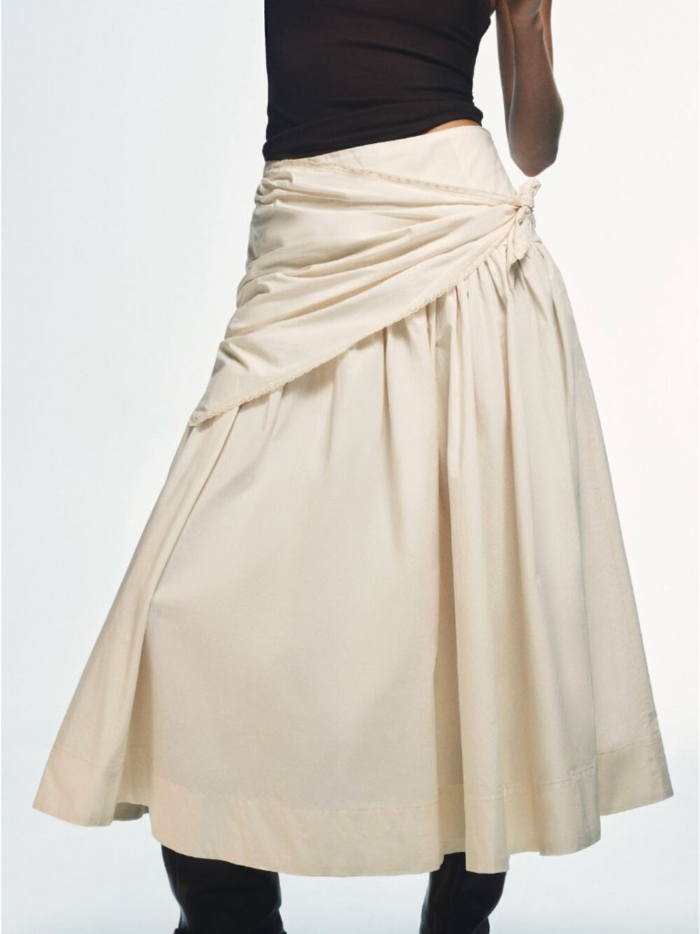 ZARA TRENDY DROP WAIST SCARF VOLUME MIDI SKIRT IN LIGHT BEIGE